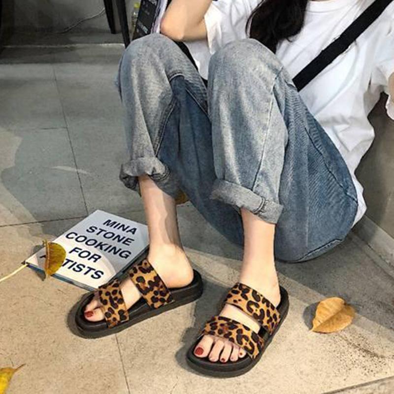 European and American Harajuku Style Student Fashion Outer Wear Leopard Print Slippers Female Summer Platform Double Strap Beach Sandals
