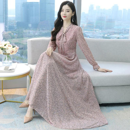 Chiffon Bowknot Dress Printed Base Dress Long Sleeve Floral Big Swing Long Skirt Large Size Women's Clothing Waist Waist Thin Thin Fabric