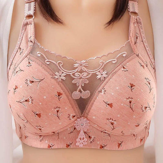 Female Large Size Thin Underwear Without Steel Ring Gathered Anti-glare Anti-sagging Anti-sagging Adjustable Lace Bra