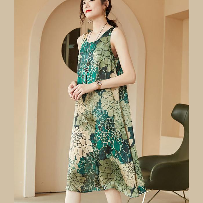 M-XXXXL Summer Ethnic Print Dress Round Neck Cotton and Linen Sleeveless Loose Mid-length Vest Skirt Daily Thin