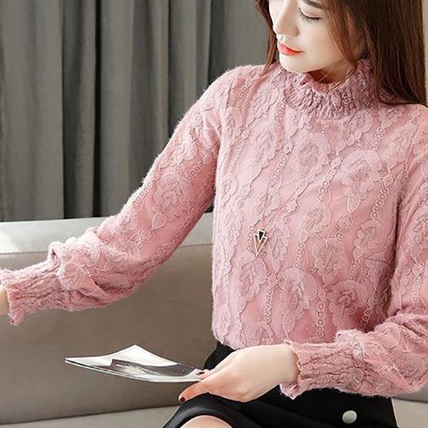 Genuine Fashion Trend Lace Bottoming Shirt Autumn and Winter Plus Velvet Thickening Warm High Neck Long Sleeve Women Sweater