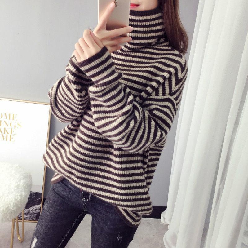 Autumn and Winter High-neck Casual Sweater Striped Pattern Loose Padded Bottoming Shirt Fashion All-match Female Top