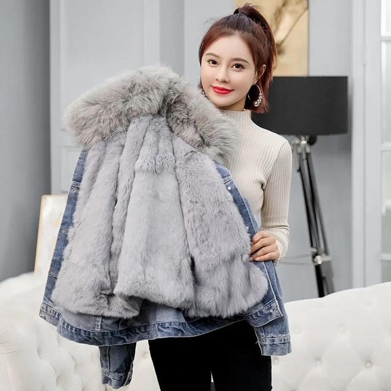 Big Fur Collar Short Padded Jacket Women Plus Velvet Thick Denim Jacket Loose Warm and Comfortable Cotton Coat