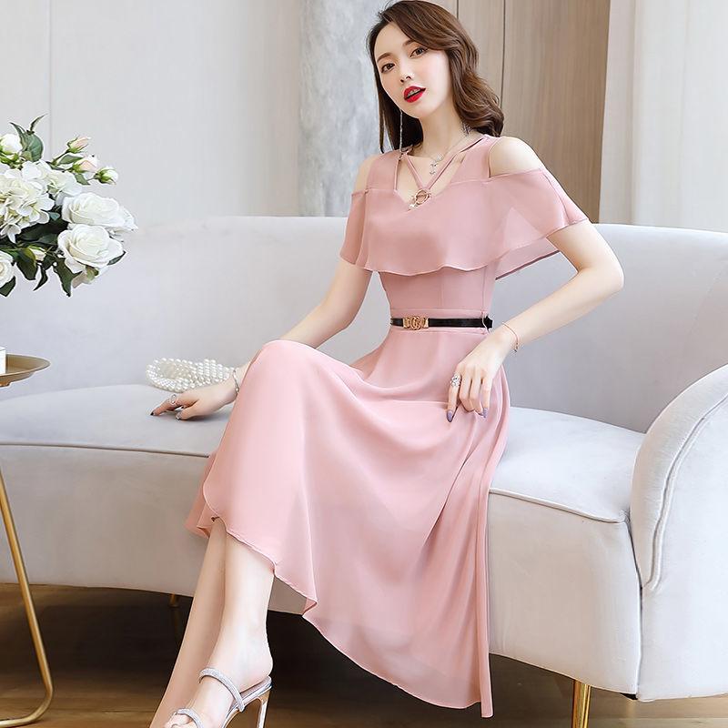 Chiffon Dress Women's Waist Slimming Temperament Strapless Mid-length Skirt A-line Skirt Slimming Chiffon Large Size Dress Mid-length Chiffon Skirt
