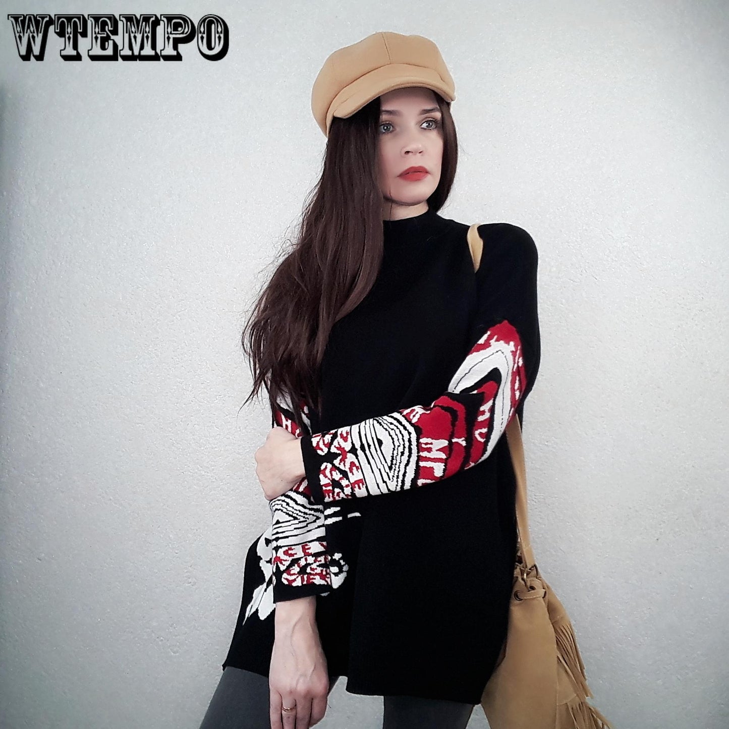 Women Vintage Printed Knitted Sweater Loose Bottoming Sweater Autumn Winter Plus Size Split Pullover Sweater