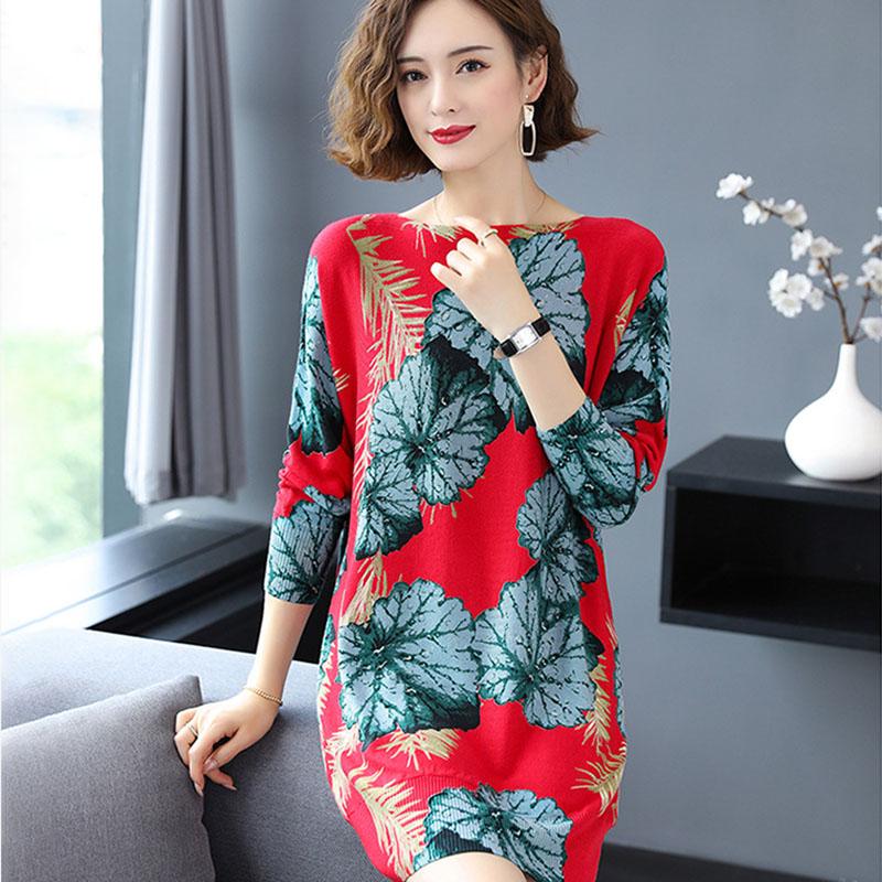 Floral Print  Knit Dress Women Long Sweaters Casual Long Sleeve Loose Pullover Soft Jumper Autumn Winter Knitted Sweaters Dress