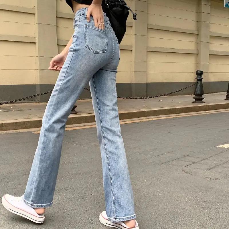 Blue / Black Straight Hairs Pants Spring Autumn High Waist Slim Slim Micro Jeans Ladies