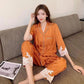 Women's Spring Autumn Long-sleeved Pajamas Set Sexy Lace V Neck Ice Silk Jacquard Striped Homewear Loose Comfortable Sleeping Suit Two-piece Set