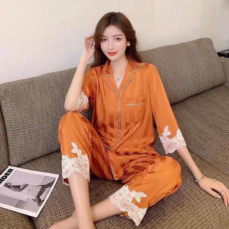 Women's Spring Autumn Long-sleeved Pajamas Set Sexy Lace V Neck Ice Silk Jacquard Striped Homewear Loose Comfortable Sleeping Suit Two-piece Set