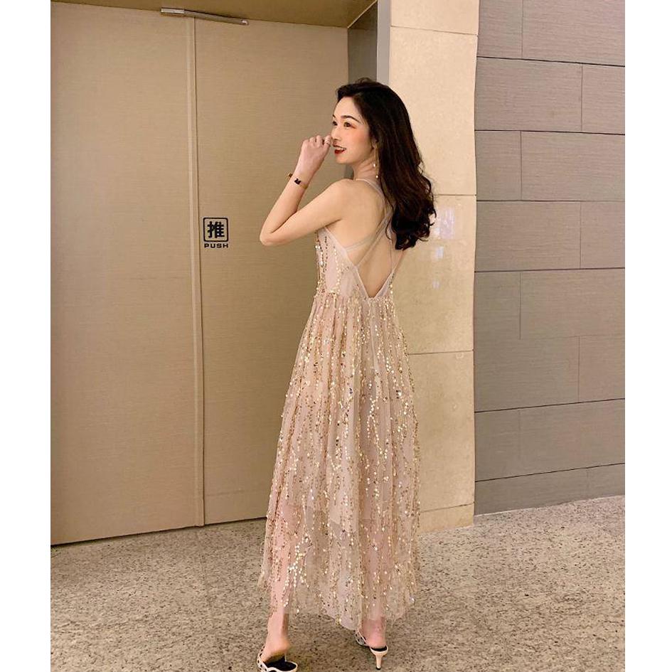 Elegant Long Sleeve Sparkle Sequin Maxi Dress Long Length Stretchy Bodycon Party Dress Gold Vestidos