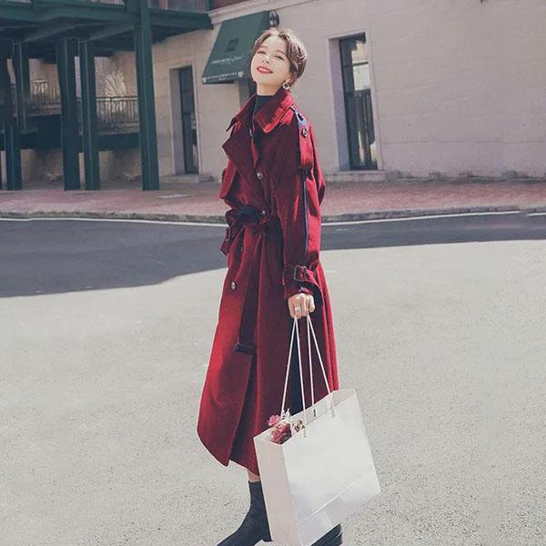 Winter Plus Cotton Thick Warmth Contrast Stitching Woolen Coat Women's Mid-length Thin Loose Over-the-knee Woolen Coat