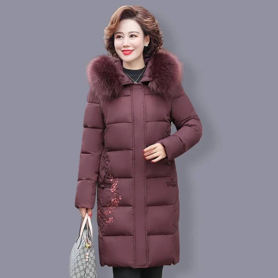 Elderly Winter Padded Jacket Women's Mid-length and Thicker Warm Embroidered Quilted Jacket