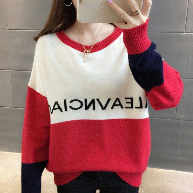 Pofulove Women's Color Block Knit Crew Neck Sweater Loose Drop Shoulder Long Sleeves Pullover Top
