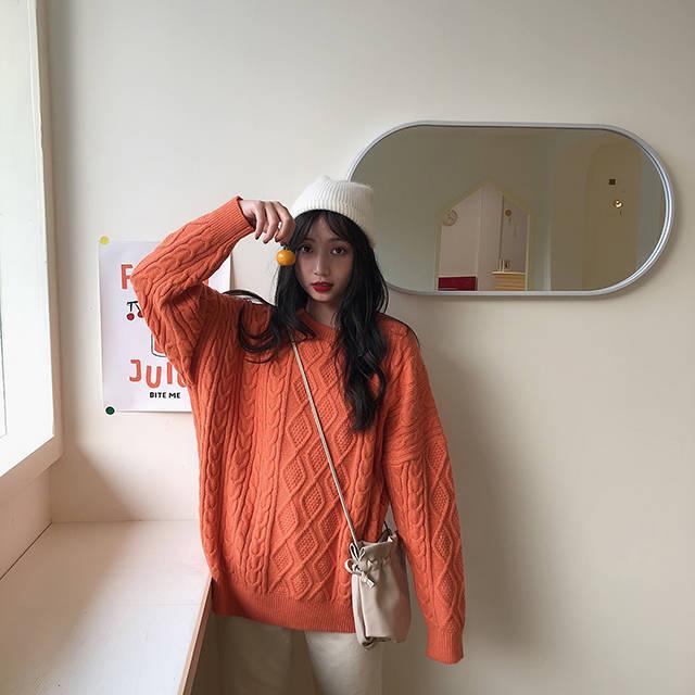 Pofulove Round Neck Twist Sweater Female Loose Wild College Style Knitted Sweater Autumn Winter