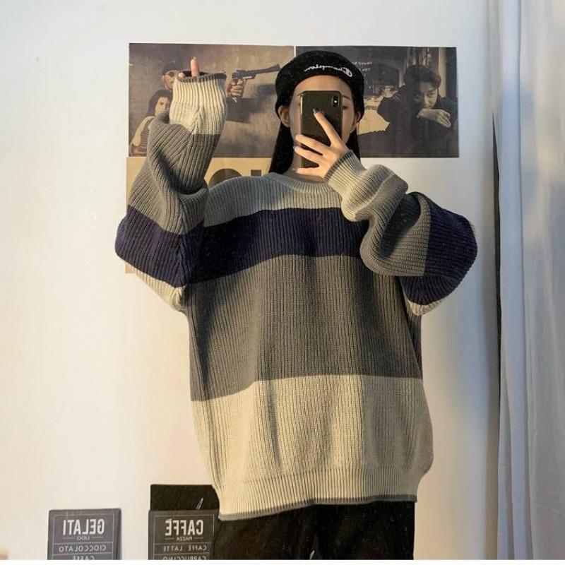 Pofulov Ewild Sweater Winter Coat Round Neck Color Matching Sweater Schoolgirl Loose Loose Lazy