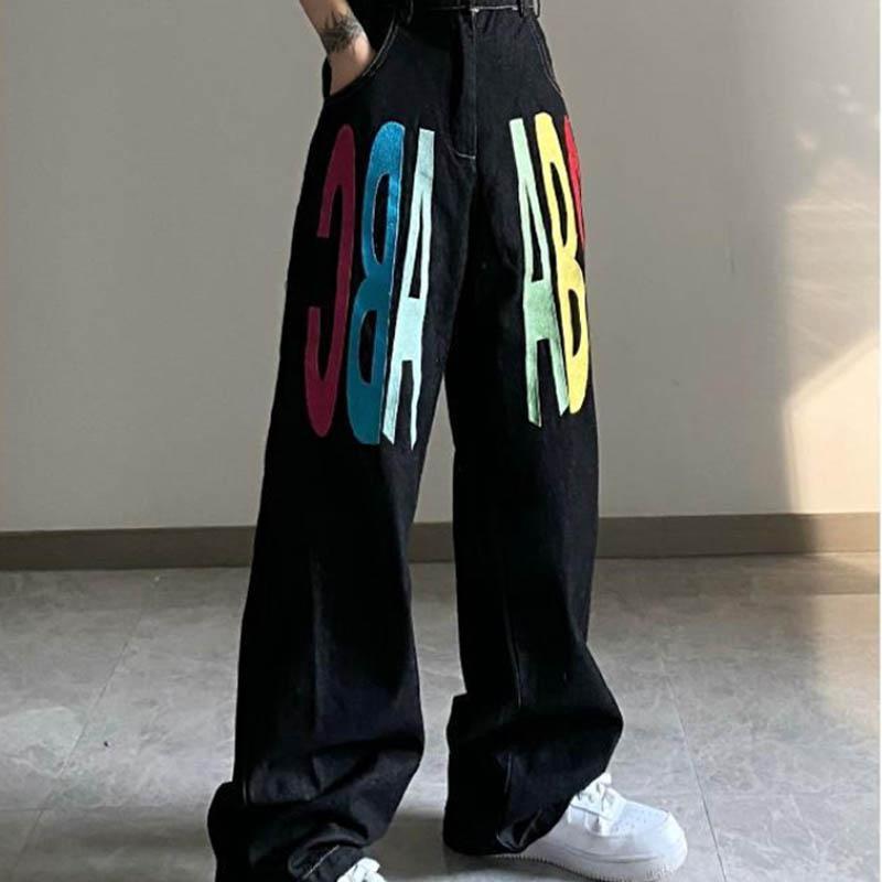 Colored Letters Embroidered Printed Jeans Female Autumn High Waist Straight Student Loose Wide Legs