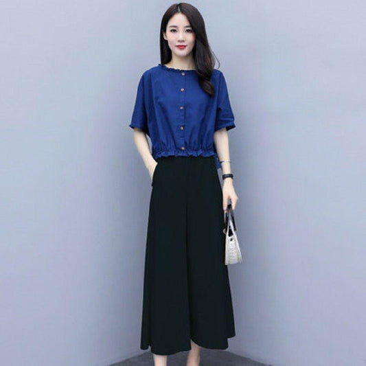 Suit Summer Cotton and Linen Large Size Loose Round Neck Short-sleeved Shirt Casual Wide-leg Pants Women's Suit Casual Suit