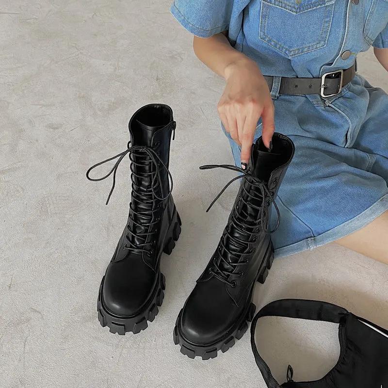 Platform Boots Women Shoes White Black PU Leather Booties Warm Ankle Boots Lace Up Combat Boots Flat Punk Goth Winter Autumn
