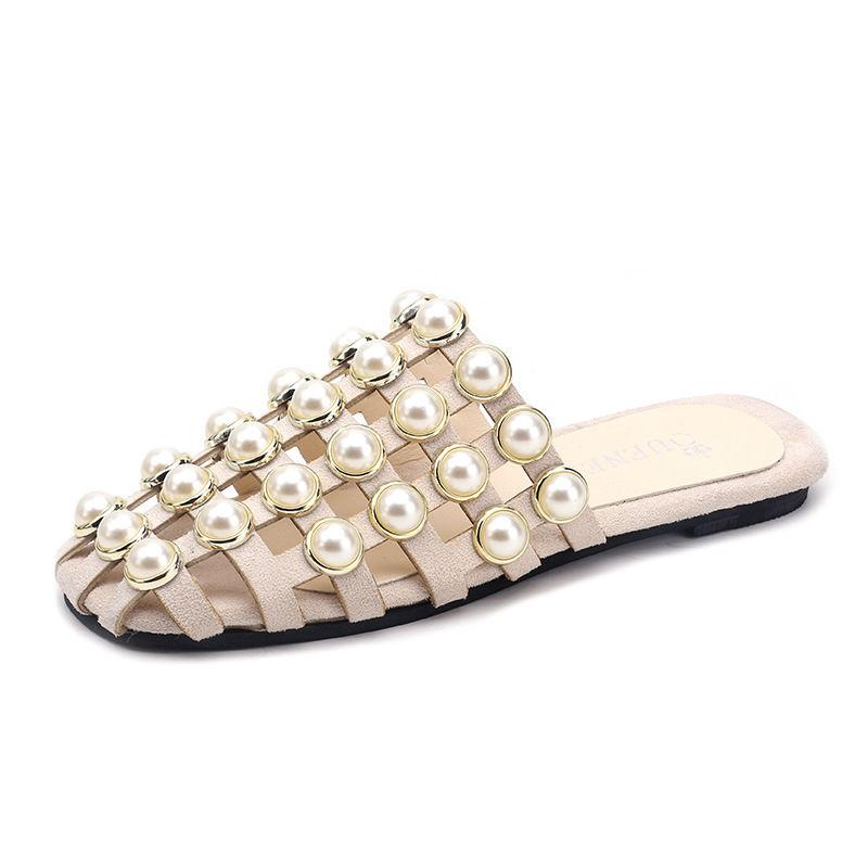 Women's Shoes Hollow Bright Beads All-match Casual Sandals with Low Heels Convenient and Not Hurting Feet Korean Pearls