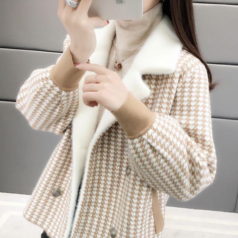 Autumn and Winter Knitted Cardigan Long Sleeve Lapel Loose Sweater Korean Fashion Plaid Jacket