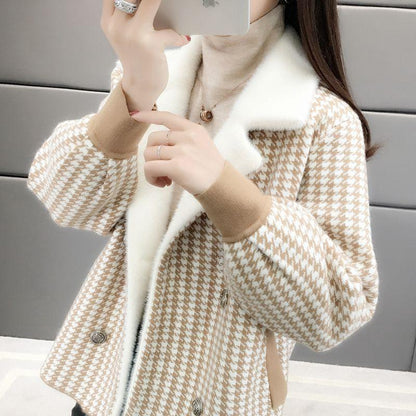 Autumn and Winter Knitted Cardigan Long Sleeve Lapel Loose Sweater Korean Fashion Plaid Jacket