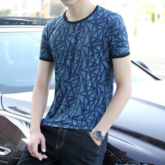 Summer Ice Silk Ultra-thin Breathable Men's Short-sleeved T-shirt Men's Round Neck Half-sleeved T-shirt for Young and Middle-aged People