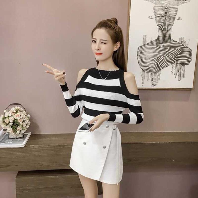 Pofulove Women's Striped Knitted Sweater Long Sleeve Turtleneck Pullover Sexy Off Shoulder Sweater