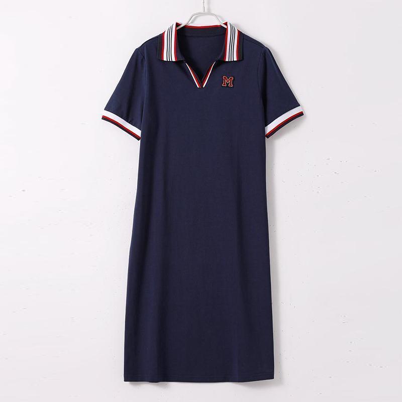 Temperament Casual All-match Sports Dress Female Summer Polo Collar Hit Color Slim Slimming Long Dress