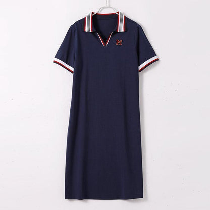 Temperament Casual All-match Sports Dress Female Summer Polo Collar Hit Color Slim Slimming Long Dress