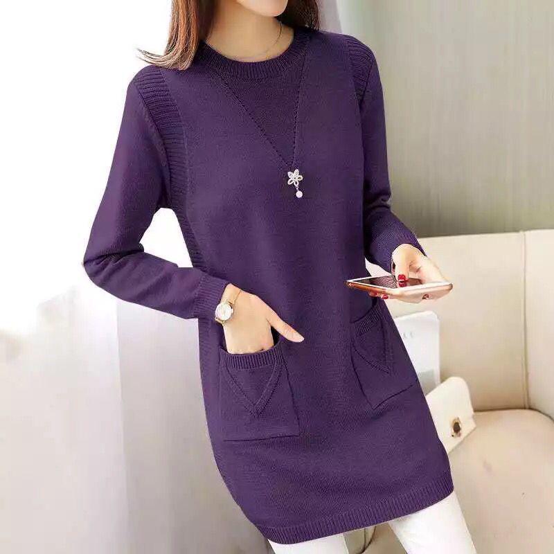 Lazy Style Slim-fit Sweater Women Loose Autumn and Winter Mid-length Knitted Bottoming Shirt Solid Color Round Neck Warm Sweater