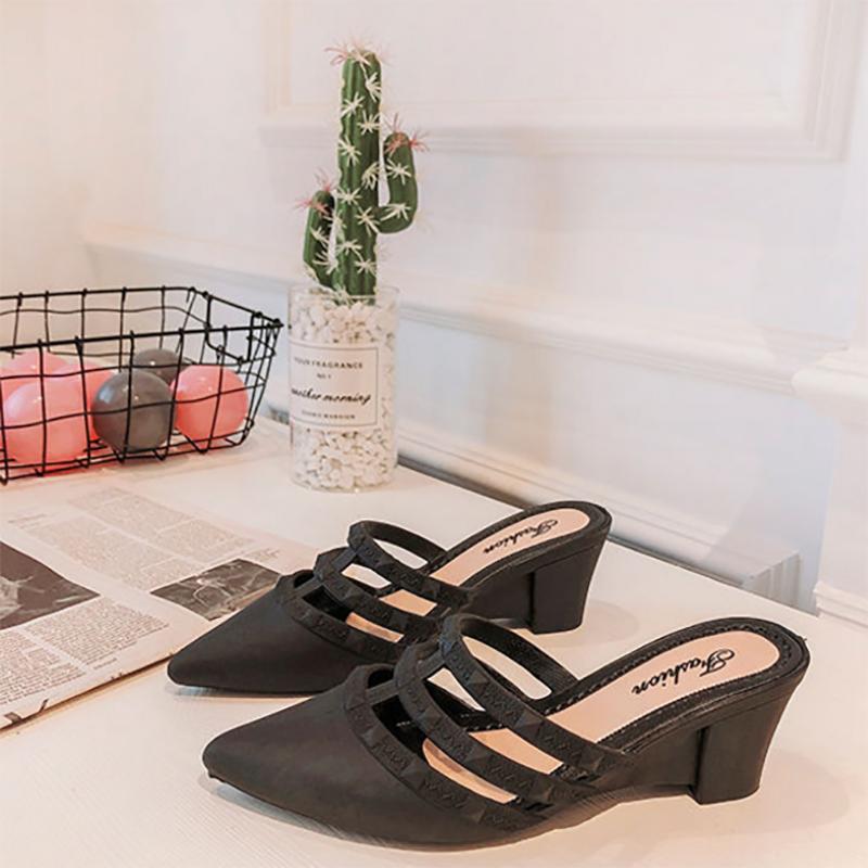 Summer Lazy Casual Fashion Thick Heel Sandals and Slippers Female Pointed Toe Korean Style Slope with Social Wear