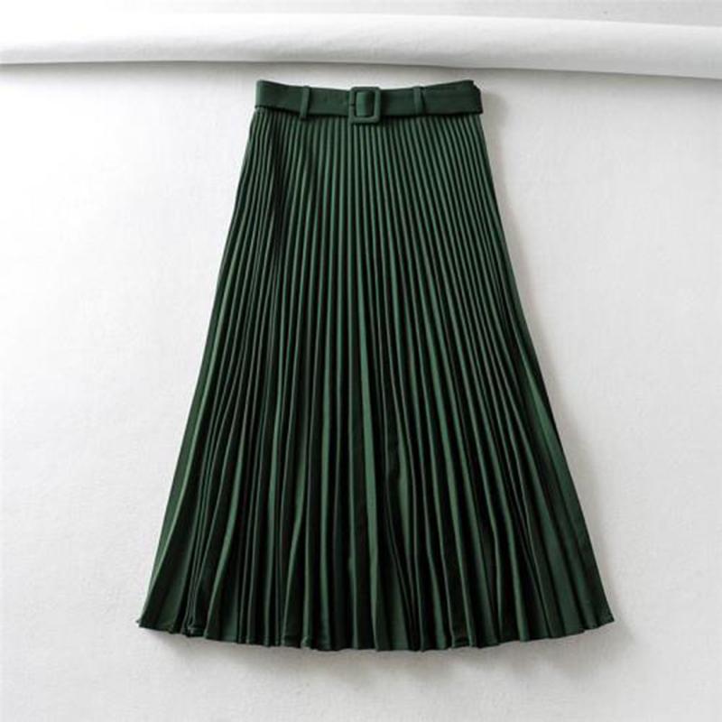 Skirt+Belt Female Pleated Skirt Euro-American Women's Fashion Pure Colored  Loose Half-length Skirt