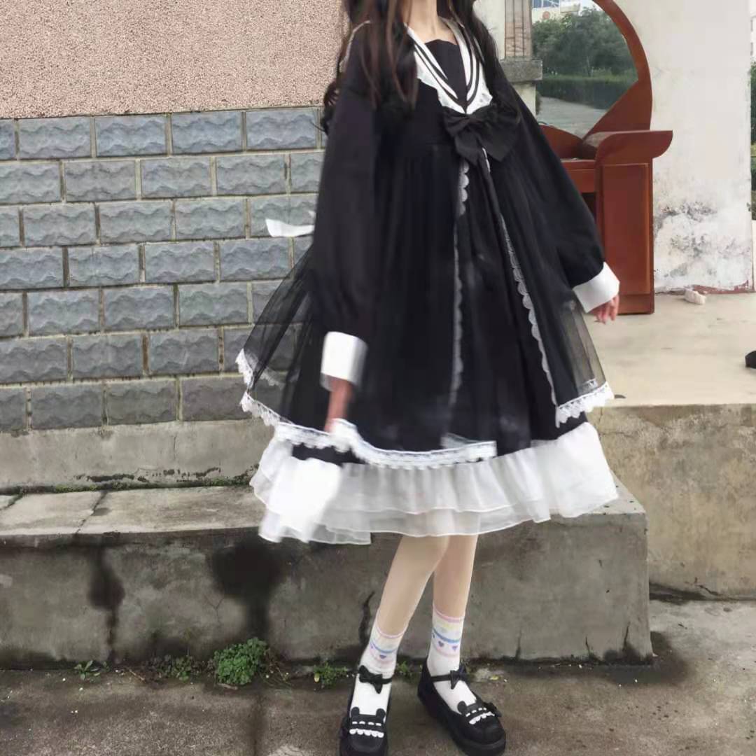 Lolita Style Harajuku Gothic Bandage Sweet Sailor Collar Bow Flare Sleeve Lace Dress Kawaii Ruffles Girl Cosplay Japanese Dress