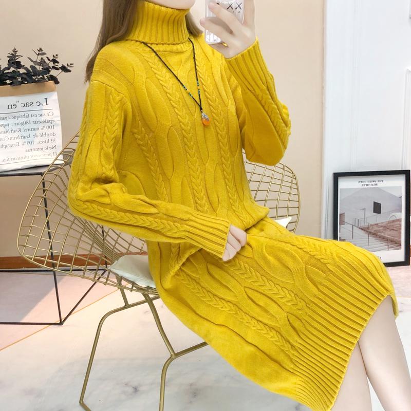 Casual Knitted Dress Women Autumn Long Sleeve Solid Sweater Dress Winter Ladies Bottom Dress