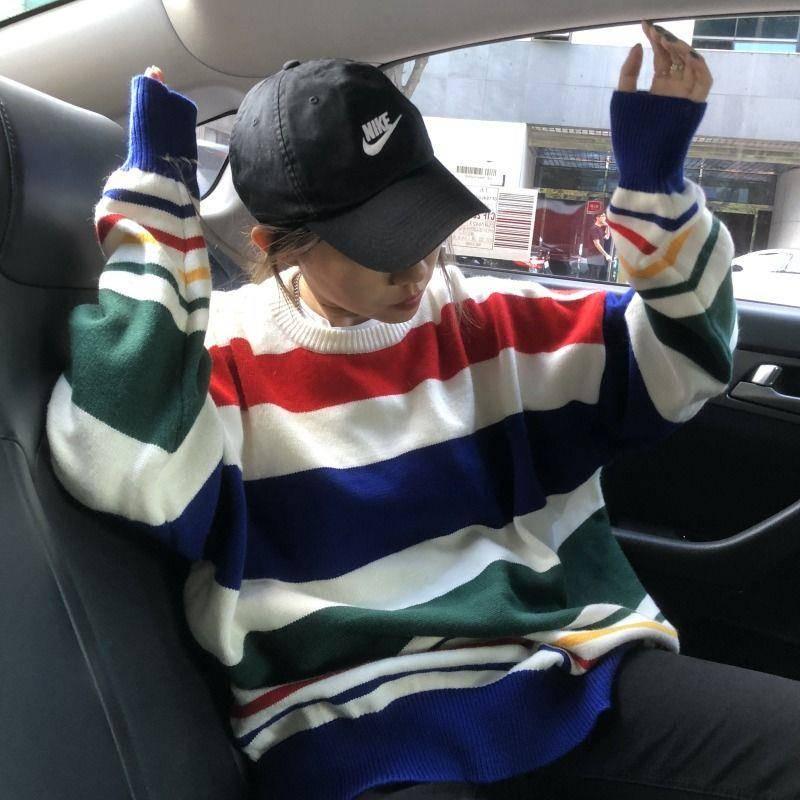 Pofulove Striped Sweater Loose Autumn Winter Korean Lazy Wild Round Neck Pullover Coat Schoolgirl