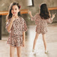 Girls' Summer Suits Leopard Print Middle and Large Children's Clothes T-shirts, Shorts Cotton Two-piece Student Suits