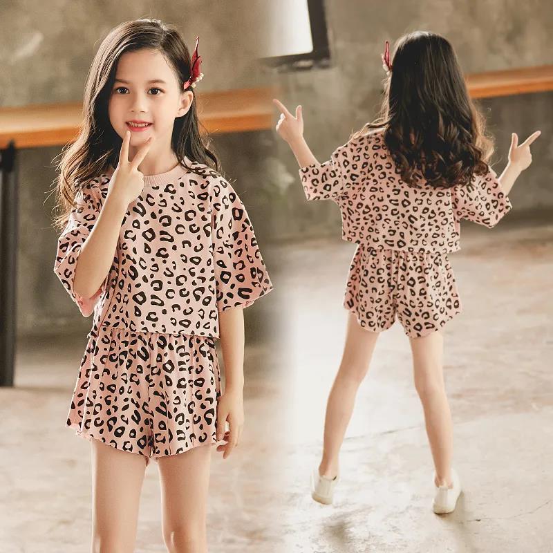 Girls' Summer Suits Leopard Print Middle and Large Children's Clothes T-shirts, Shorts Cotton Two-piece Student Suits
