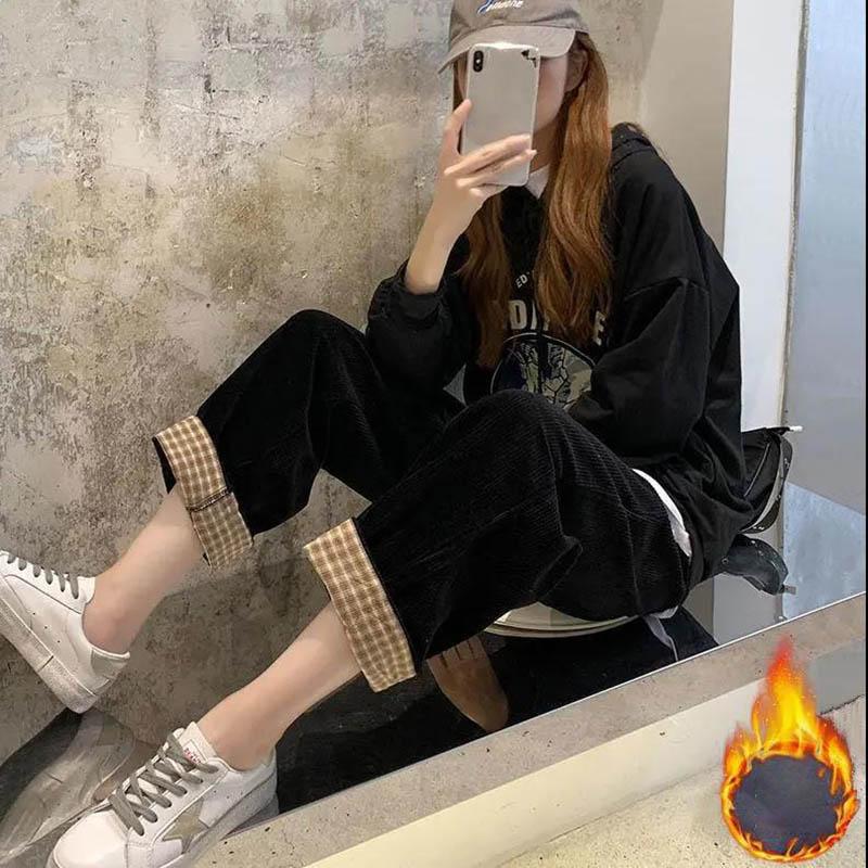 Corduroy Pants Women's Autumn and Winter New Korean Style Loose High Waist Wide-leg Pants Plus Velvet Thick Casual Trousers
