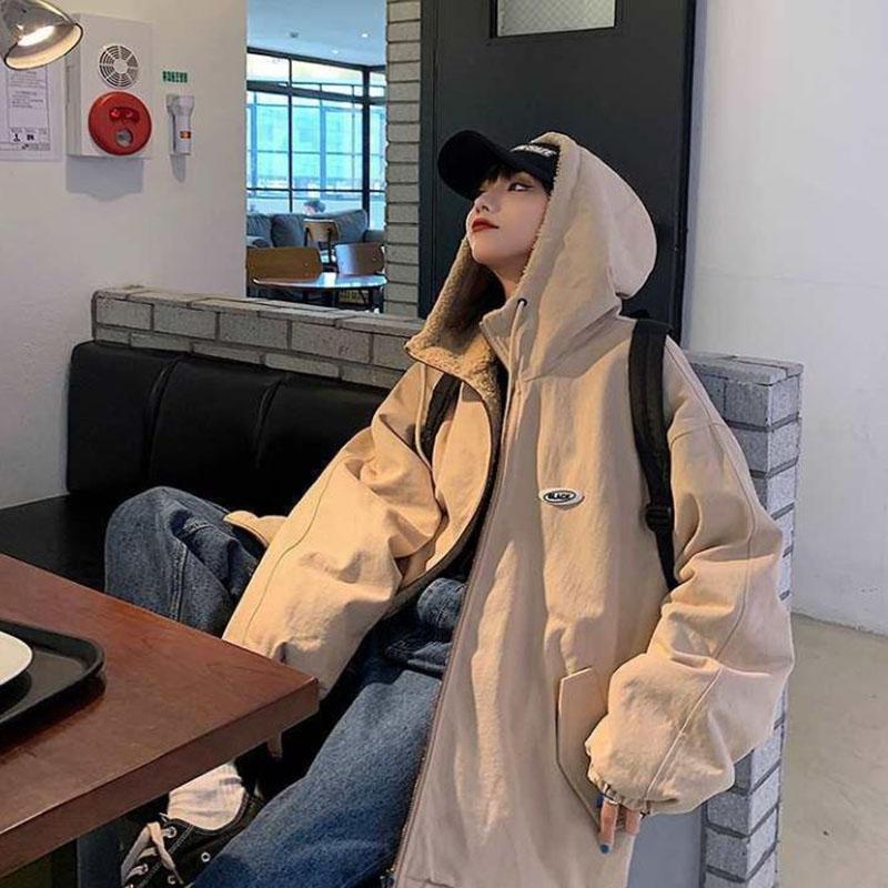 Two-sided Polar Fleece Jacket Winter Thick Embroidered Hooded Zipper Lamb Wool Jacket Suitable for Young Women