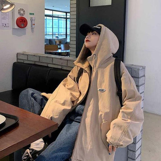 Two-sided Polar Fleece Jacket Winter Thick Embroidered Hooded Zipper Lamb Wool Jacket Suitable for Young Women
