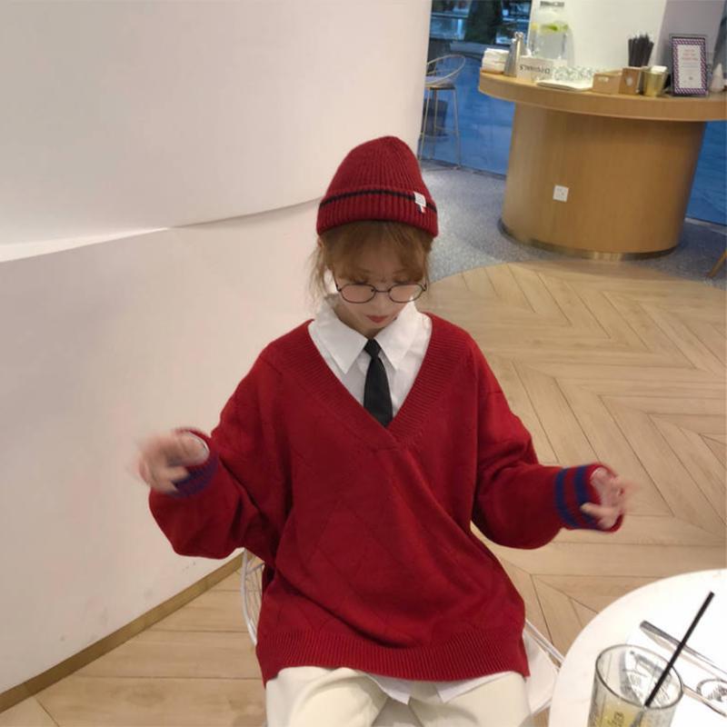 Pofulove wild age-reducing V-neck sweater women + student long-sleeved white shirt women two-piece