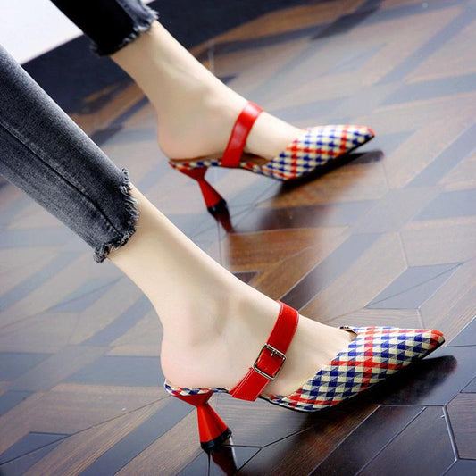 Spring/Summer Houndstooth Pointed Toe Shoes Wine Glass Heel Belt Buckle Slippers Female Korean Mid-heel Single Shoes