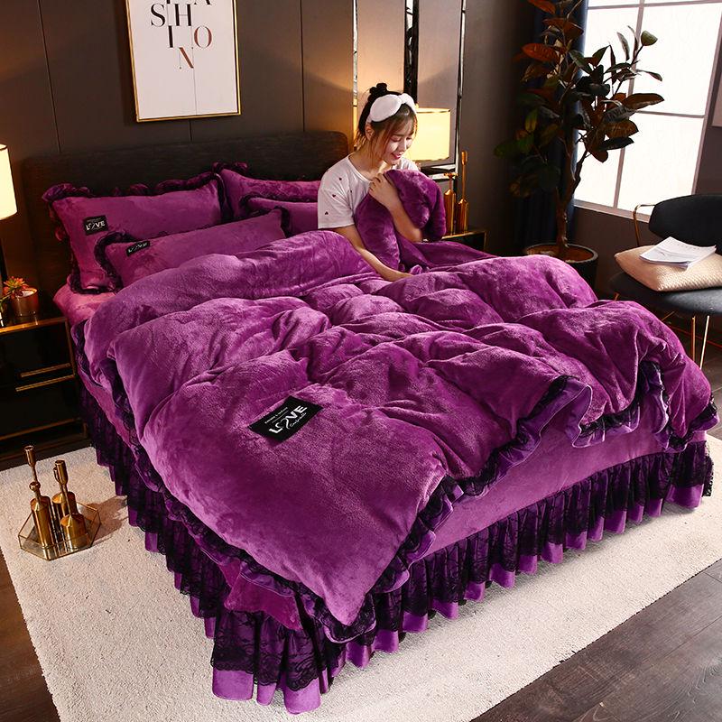 2019 Coral Velvet 4pcs Winter Flannel Thickening Warm Bedclothes Queen King Quilt Cover