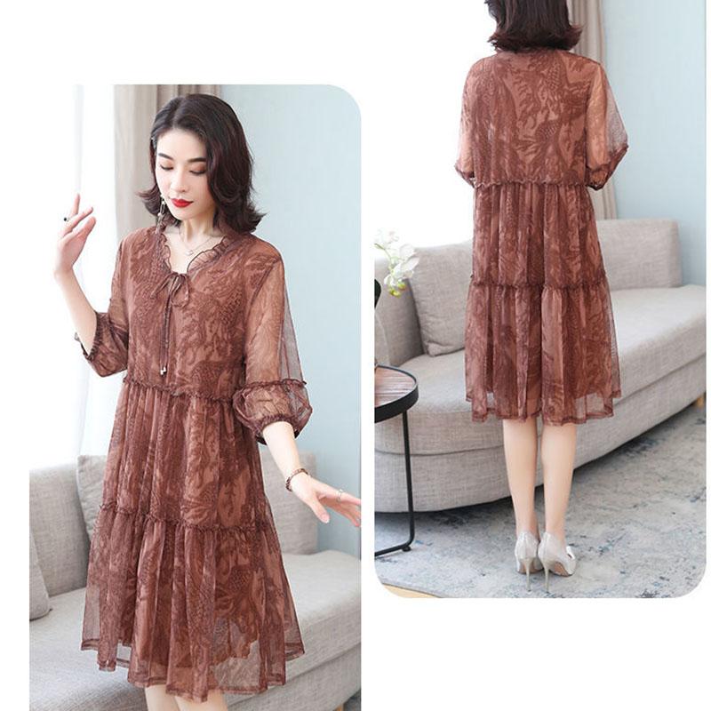 Dress Female Summer Five-point Sleeves Loose Mesh A-line Skirt Light Mature Style Foreign Style Large Size Skirt Summer