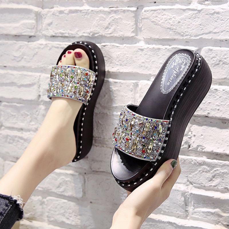 High-heeled Rhinestone Sandals and Slippers Women's Summer Wear All-match Rivets Thick-soled One-word Drag High-heeled Sandals and Crystal Sequins