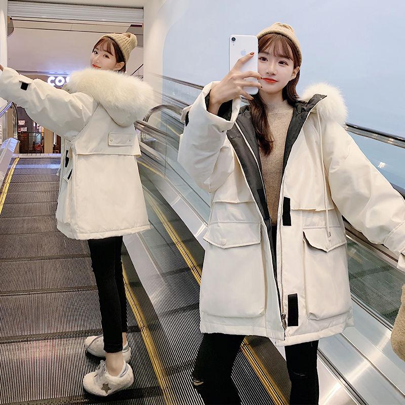 Women's Mid-length Down Padded Jacket Korean Fashion Women's Thick Loose Large Fur Collar Padded Jacket