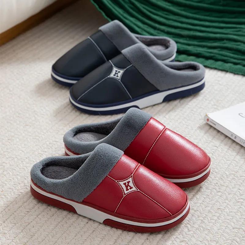 Lovers PU Lint Slippers Household Waterproof Thick-soled Warm Cotton Slippers Winter Indoor Couple Hair Slippers