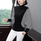 Women's Autumn Large Size Casual Striped Top Female High Neck Trumpet Sleeve Elegant Long Sleeve Top