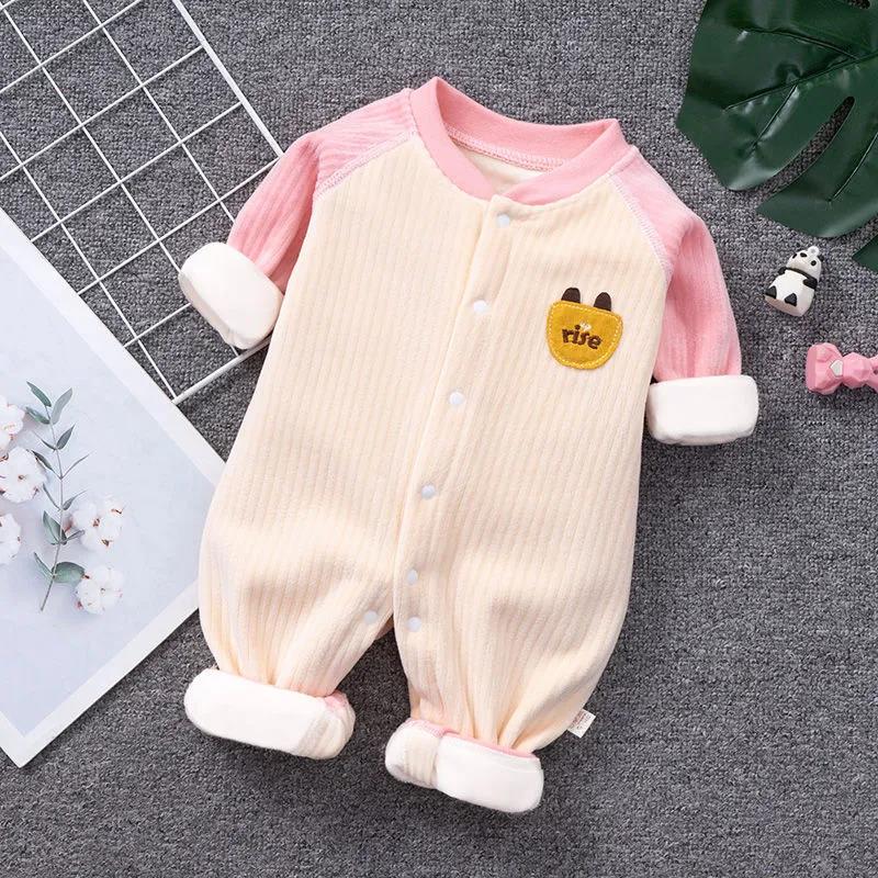Autumn and Winter Baby Jumpsuit 0 To 6 Months Old Baby Khaki Clothes with Plush Thickened Climbing Clothes Warm Clothes for Newborn Children