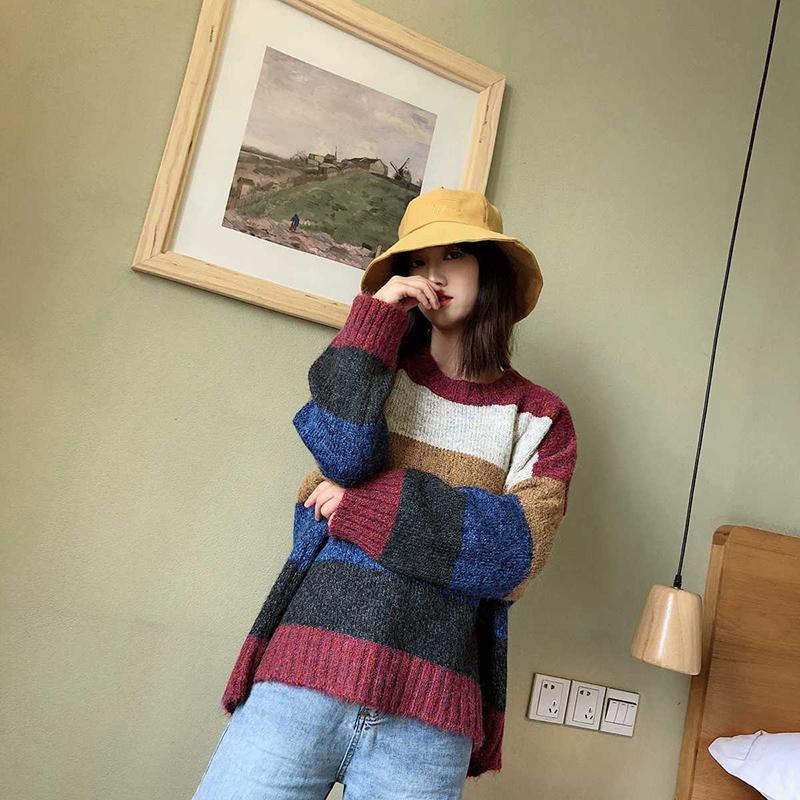 Women's Autumn  Winter Long-sleeved Hedging Striped Color-blocking Sweater All-match Casual Fashion Sweater